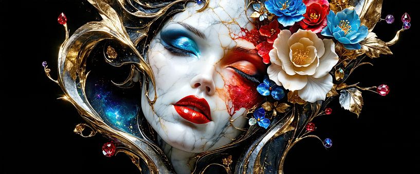A face of marble silence - grace entwined with flowers in the light of golden veins and the power of hidden stories by AidasignArt