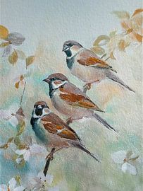 Rustiek en Landelijk. Drie huismusjes op appelbloesemtak van Studio Pieternel