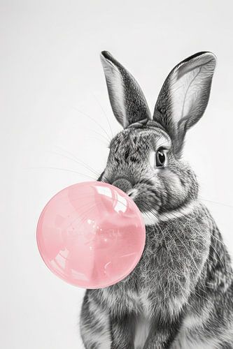 Lapin soufflant une bulle de chewing-gum rose