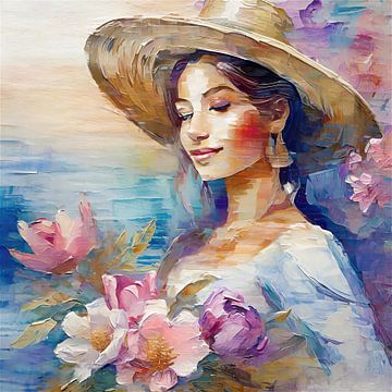 Femme avec chapeau de soleil et fleurs sur Jan Bouma