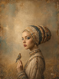 La muse aux perles et le petit oiseau sur René van den Berg
