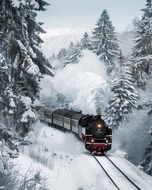 Historic train in the winter forest