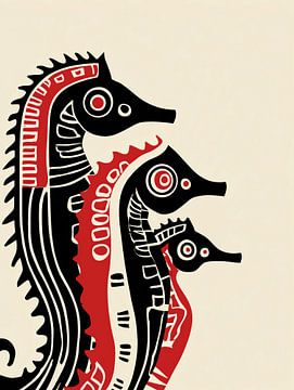 Graphic drawing of three seahorses in black and red by Lauren Wilde