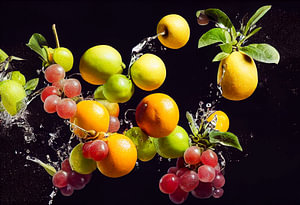 Früchte im Wasserspritzer, Art Illustration