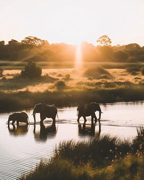 Olifantenfamilie bij zonsopgang van fernlichtsicht