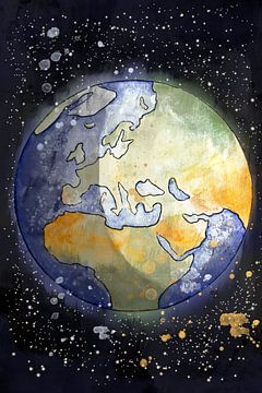 Watercolor painting of the globe seen from space. The globe is painted by hand as a watercolor illus by Emiel de Lange