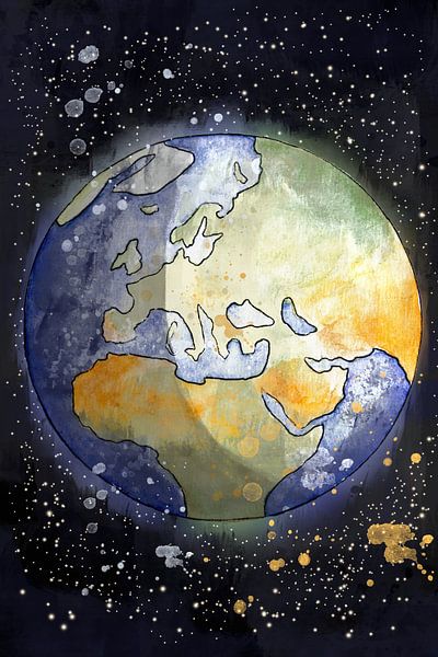 Aquarel schilderij van de wereldbol gezien vanuit de ruimte. De aarde is geschilderd met de hand als