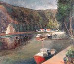 Boten langs de rivier De Maas in de buurt van Dinant. (België) olieverf op doek van Galerie Ringoot thumbnail
