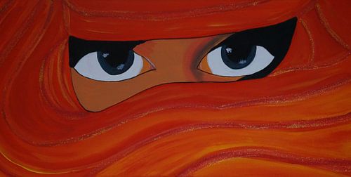 verschleierte Frau in Rot/orange/gelb