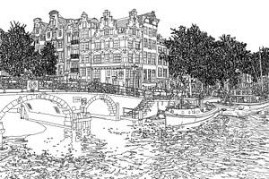 Pendelzeichnung Brouwersgracht Prinsengracht Jordaan Amsterdam Niederlande Goldzeichnung Strichzeich