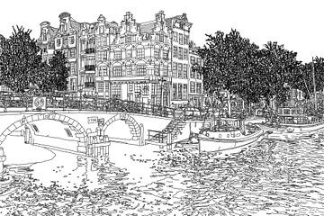 Pentekening Brouwersgracht Prinsengracht Jordaan Amsterdam Nederland Goud Tekening Lijntekening