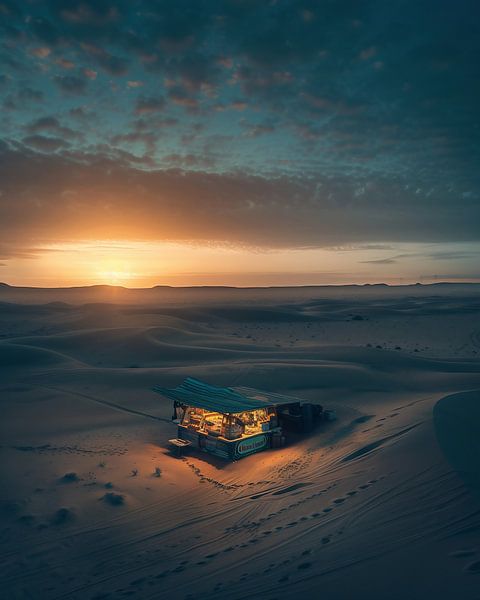Kiosk in de zonsondergang van fernlichtsicht