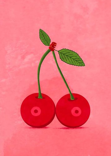 Stylized Red Cherries Pair over Textured Pink Watercolor Background