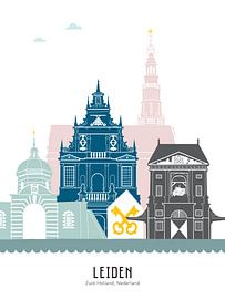 Illustration de la ligne d'horizon de la ville de Leiden en couleur sur Mevrouw Emmer