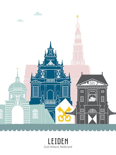 Illustration de la ligne d'horizon de la ville de Leiden en couleur par Mevrouw Emmer