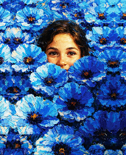 Kind zwischen blauen Mohnblumen – impressionistisches Blumenporträt