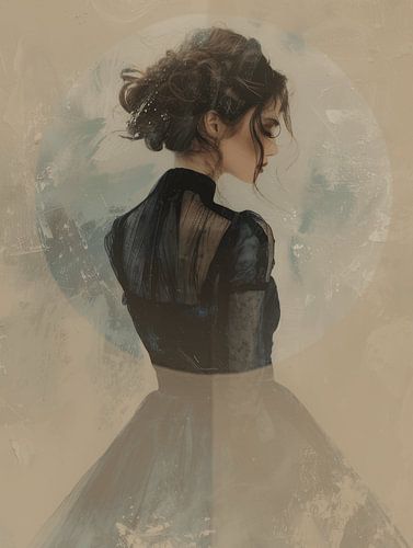 Modern portret in taupe en blauw, deels abstract