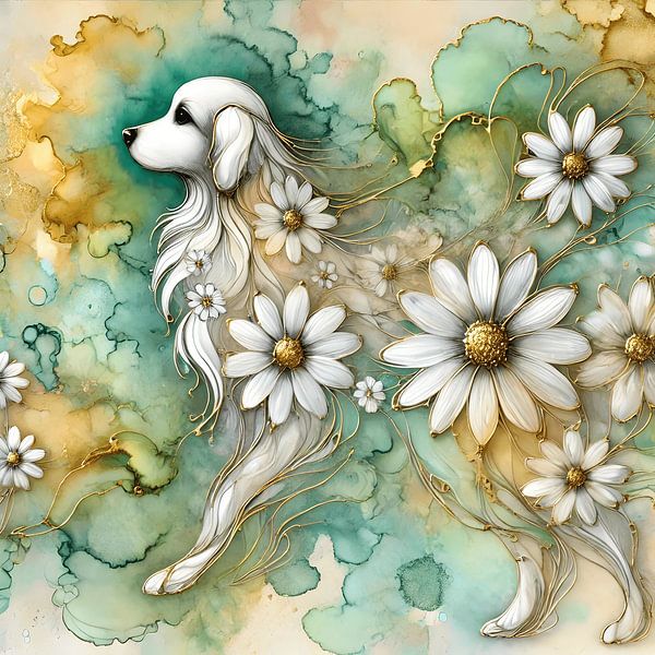 Loyale Eleganz - Hund &amp; Gänseblümchen in der Kunst von Manuela Dekkers