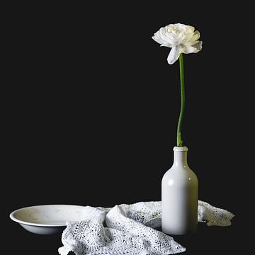 nature morte renoncule blanche dans vase blanc sur Andrea de Grauw