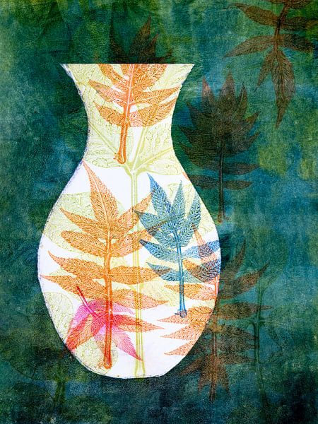 Vase with leaf pattern with petrol background by Lida Bruinen