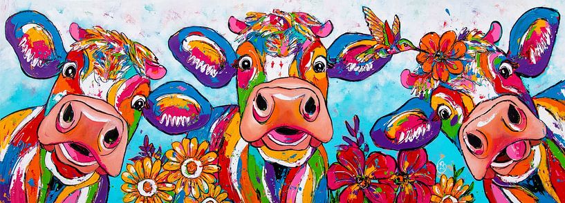 Landelijk Geluk: Vrolijke Koeien, Bloemen en een Kolibrie van Happy Paintings / Renata Rolefes