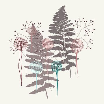 Nordic retro botanical. Fern leaves and flowers in taupe by Dina Dankers