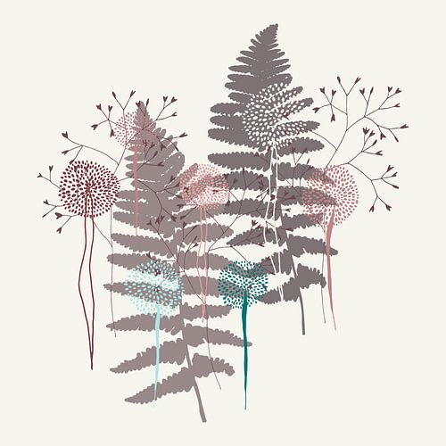 Scandinavisch retro botanisch. Varensbladeren en bloemen in taupe