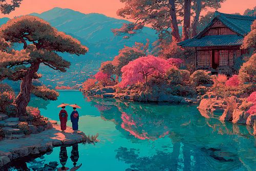 picturesque Japan geisha's in garden