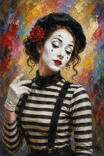 Mimespeler schilderij – De stille artiest“.