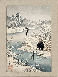 Estampe japonaise vintage : Grue dans un paysage hivernal sur Studio Pieternel