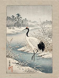 Japanischer Vintage-Druck: Kranich in winterlicher Landschaft