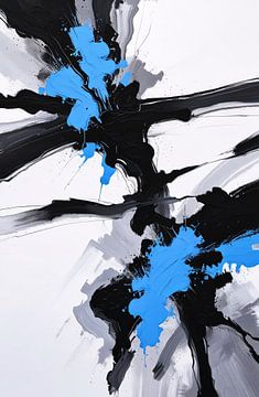 Abstraction énergique de bleu, de noir et de blanc sur De Muurdecoratie