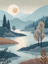 Serene Mountain Lake Landscape with Sunset Glow and Evergreen Forests - A Tranquil Nature Scene with Shimmering Water and Rustic Hues by Artistic