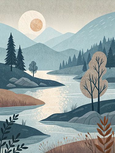 Sereen berglandschap aan een meer met gloed van de zonsondergang en groene bossen - een rustige natuur met glinsterend water en rustieke tinten