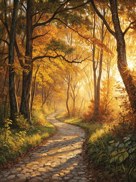 L'étreinte dorée de l'automne : Un chemin ensoleillé à travers les bois par Artistic