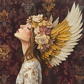 Angel Woman | Golden Wings Flower Wreath by Eye catching paintings