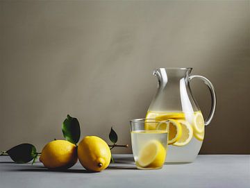 Nature morte rafraîchissante - Citrons et cruche d'eau sur fond gris sur Roger VDB