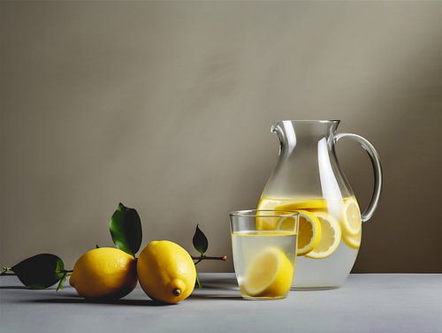 Refreshing Still Life - Lemons and Water Jug on Grey Background by Roger VDB