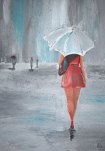 Vrouw in rode jurk in de regen met paraplu van Sissi Waasdorp