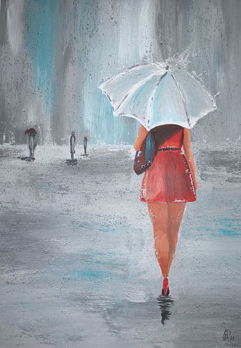 Femme en robe rouge un jour de pluie