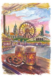 Münchner Wiesn-Leben mit Biergarten-Zelt und Riesenrad