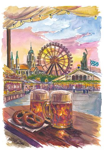 Munich Oktoberfest life with a beer garden tent and Ferris wheel