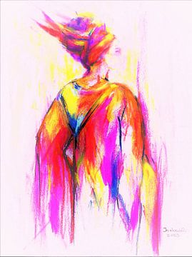 Afrikaanse vrouw in neonkleuren . Handgetekend met pastel van Ineke de Rijk