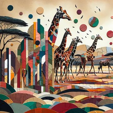 Collage paysage africain avec girafes sur Lois Diallo