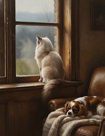 Cat Watching Rain from the Window Frame by Regan Frederick