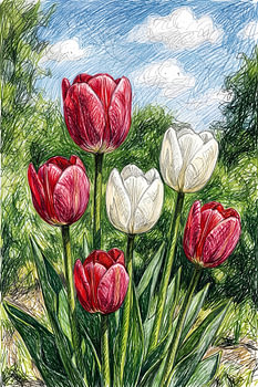 TULPEN-KRITZELEI – BLEISTIFTSKIZZE – METALLPOSTER