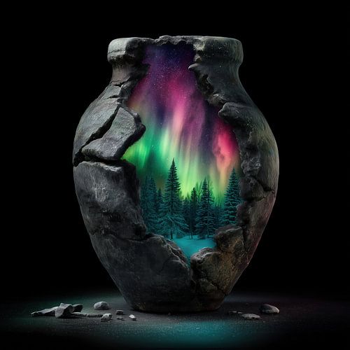 Colourful aurora in a stone vase