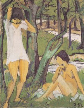 Twee meiden baden (meisje in shirt), Otto Mueller - 1921 van Atelier Liesjes