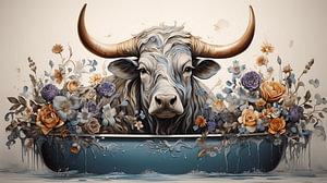 Majestätischer Stier mit Hörner und leuchtenden Blumen, der in der Badewanne sitzt, Kunstdesign-Malerei
