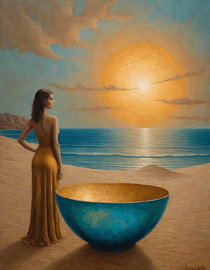 Dreamscape: Woman in a Golden Dress on the Beach at Sunset by Stefan Vermeer